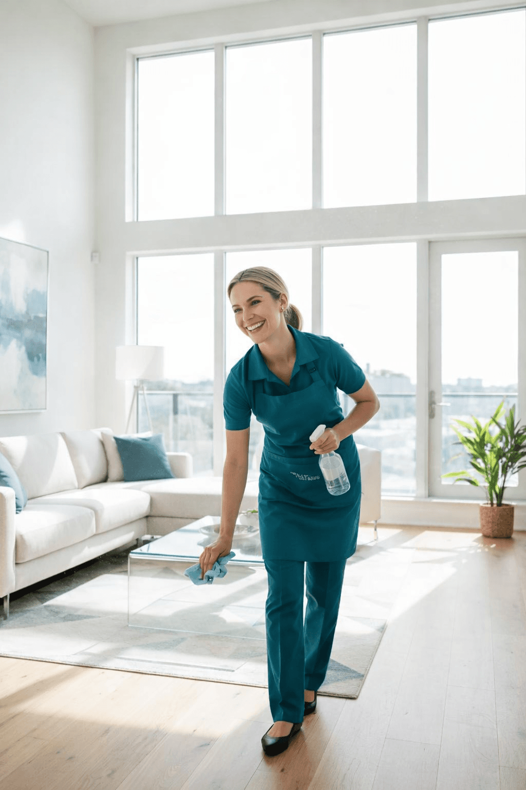 Cleaner working inside a bright living room